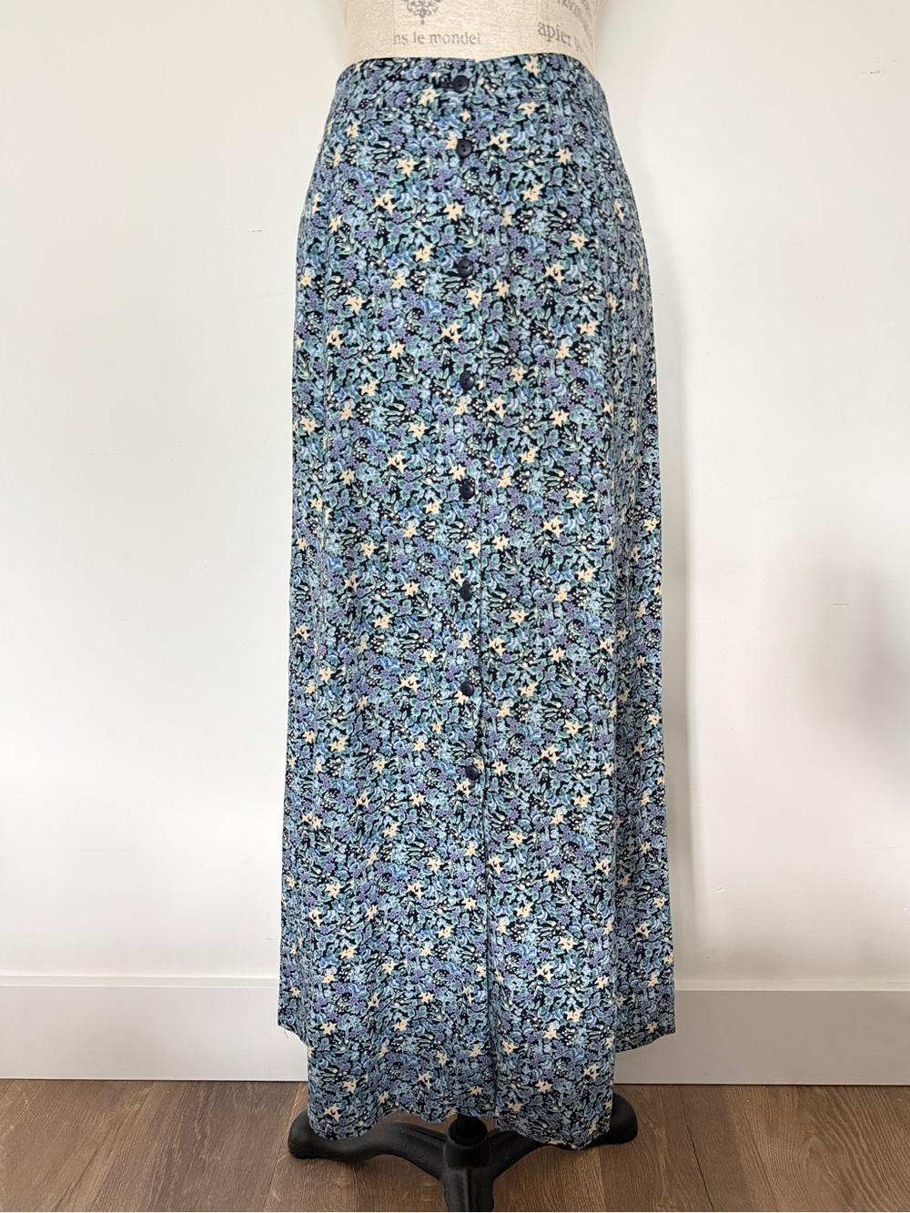 Vintage Blue Floral Maxi Skirt Full Button Front with Elastic Waist